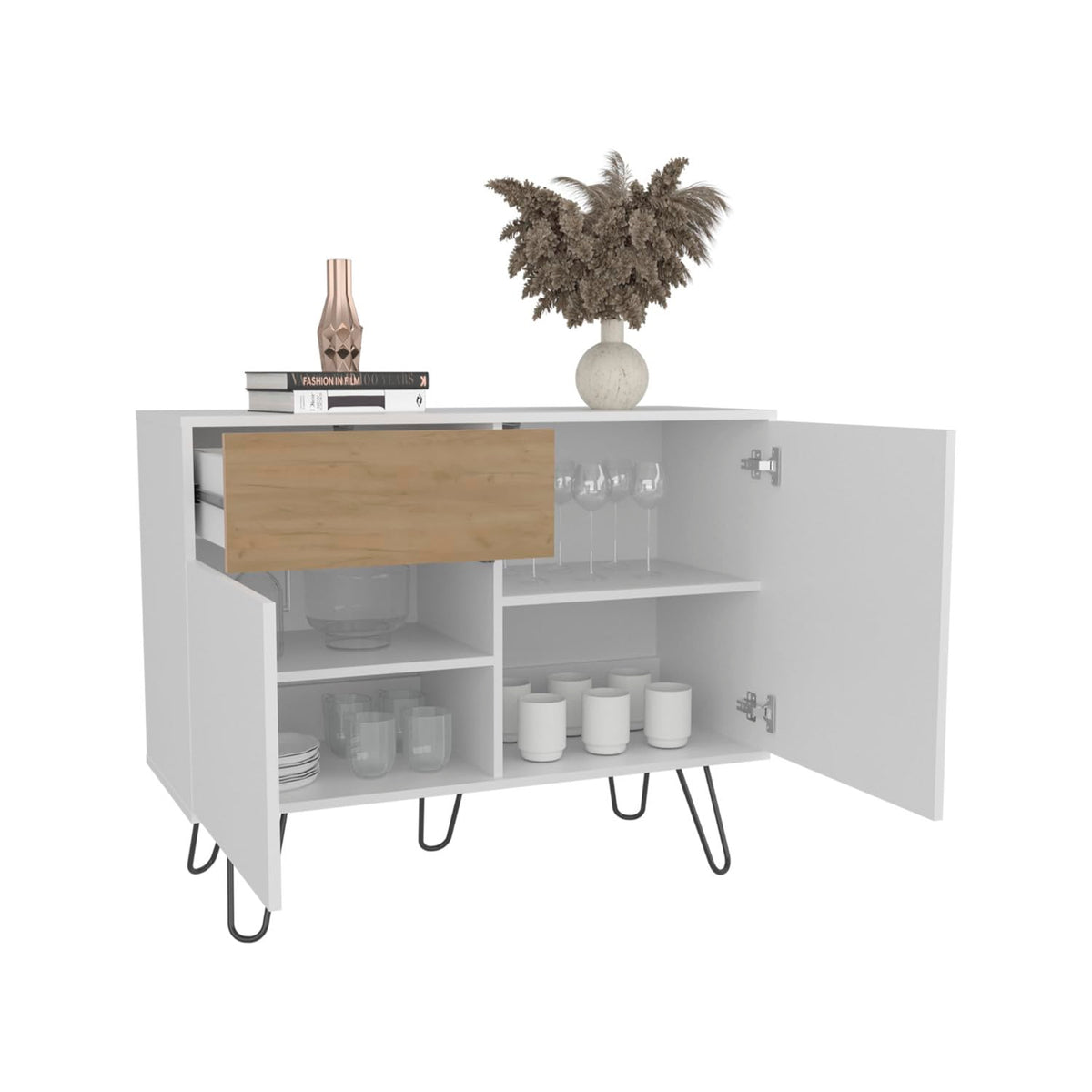 39" Wide White & Oak Console Table with 2 Cabinets, 1 Drawer, 4 Shelves R159