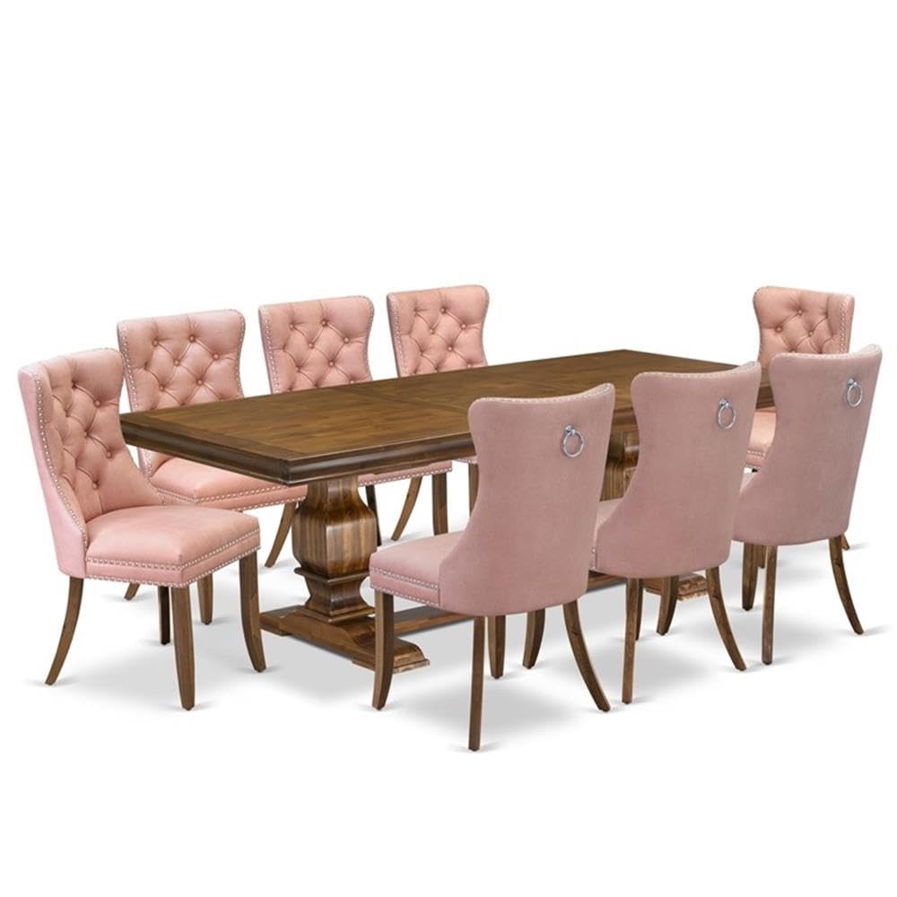 9-Piece Walnut Finish Acacia Wood Dining Set with 8 Beige Faux Leather Chairs C372