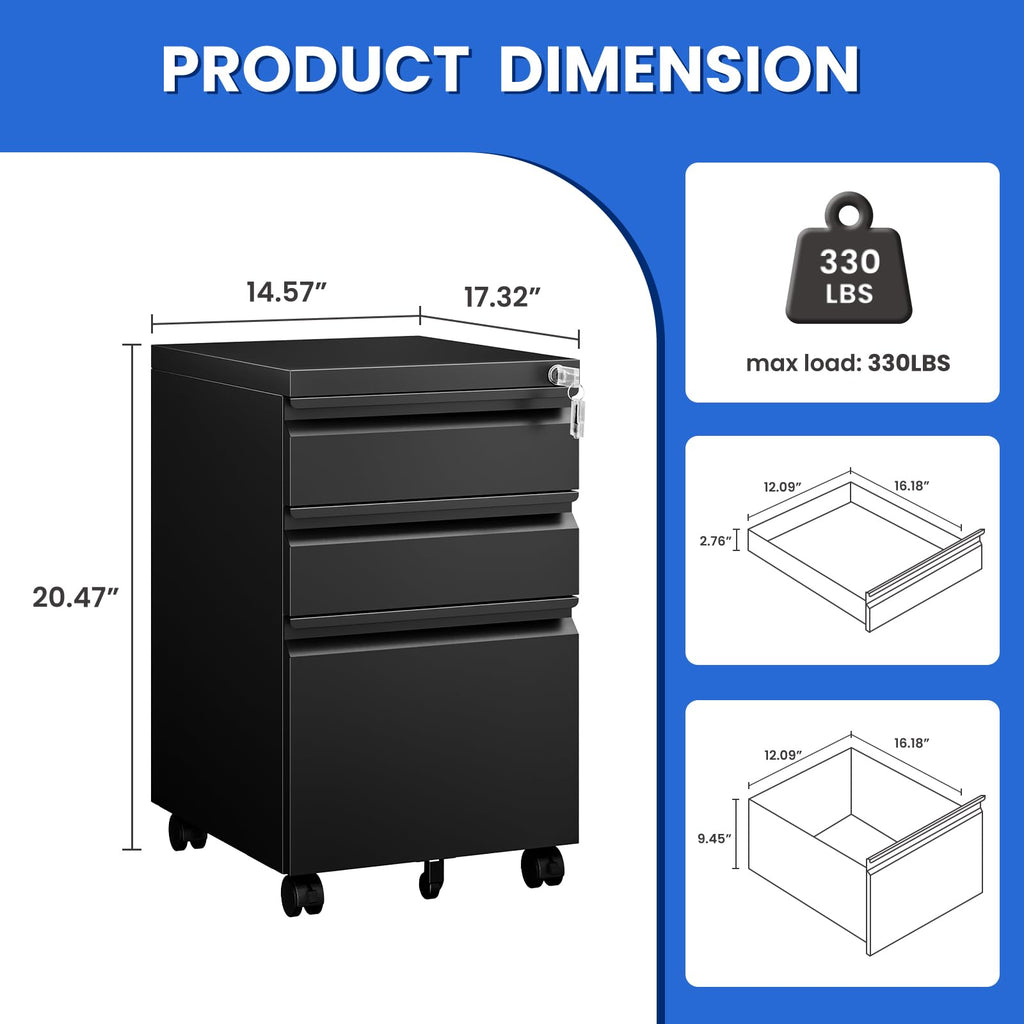 Black 3 Drawer Metal File Cabinet with Lock D933