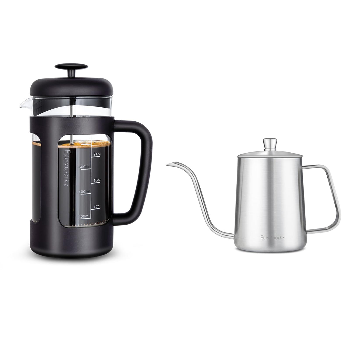 French Press and Gooseneck Pour Over Coffee Kettle 34 oz 12 oz Stainless Steel Silver U691