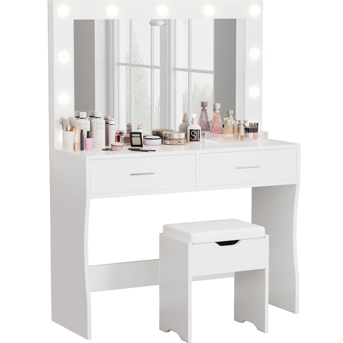 White Vanity Desk Set with Lighted Mirror and 2 Drawers T2466