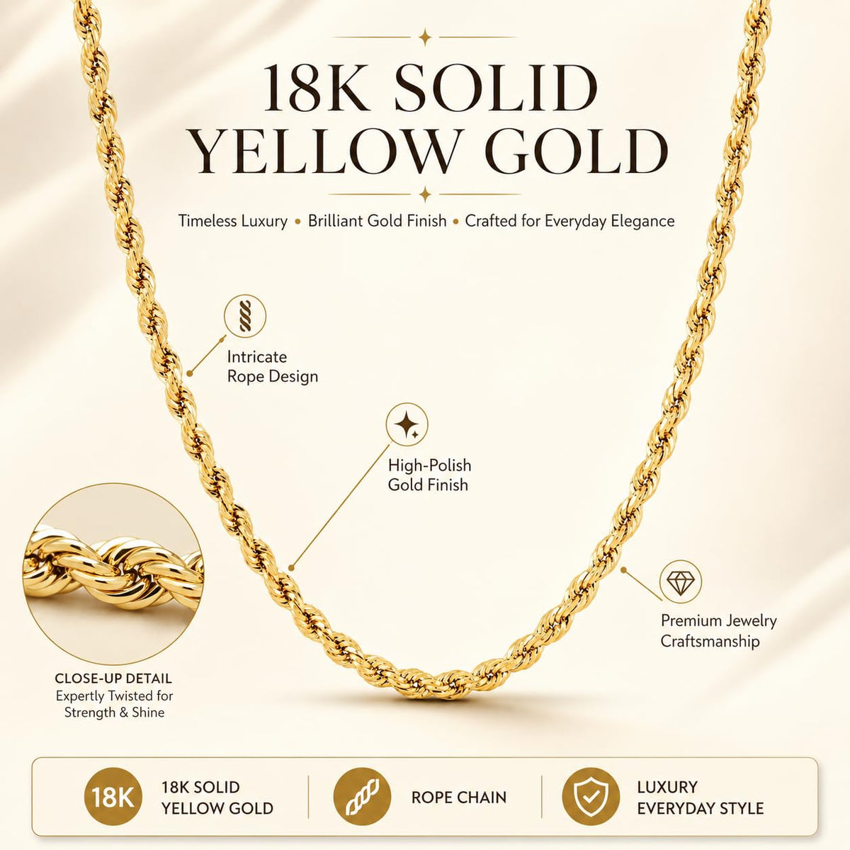 18K Solid Yellow Gold Rope Chain Necklace T149