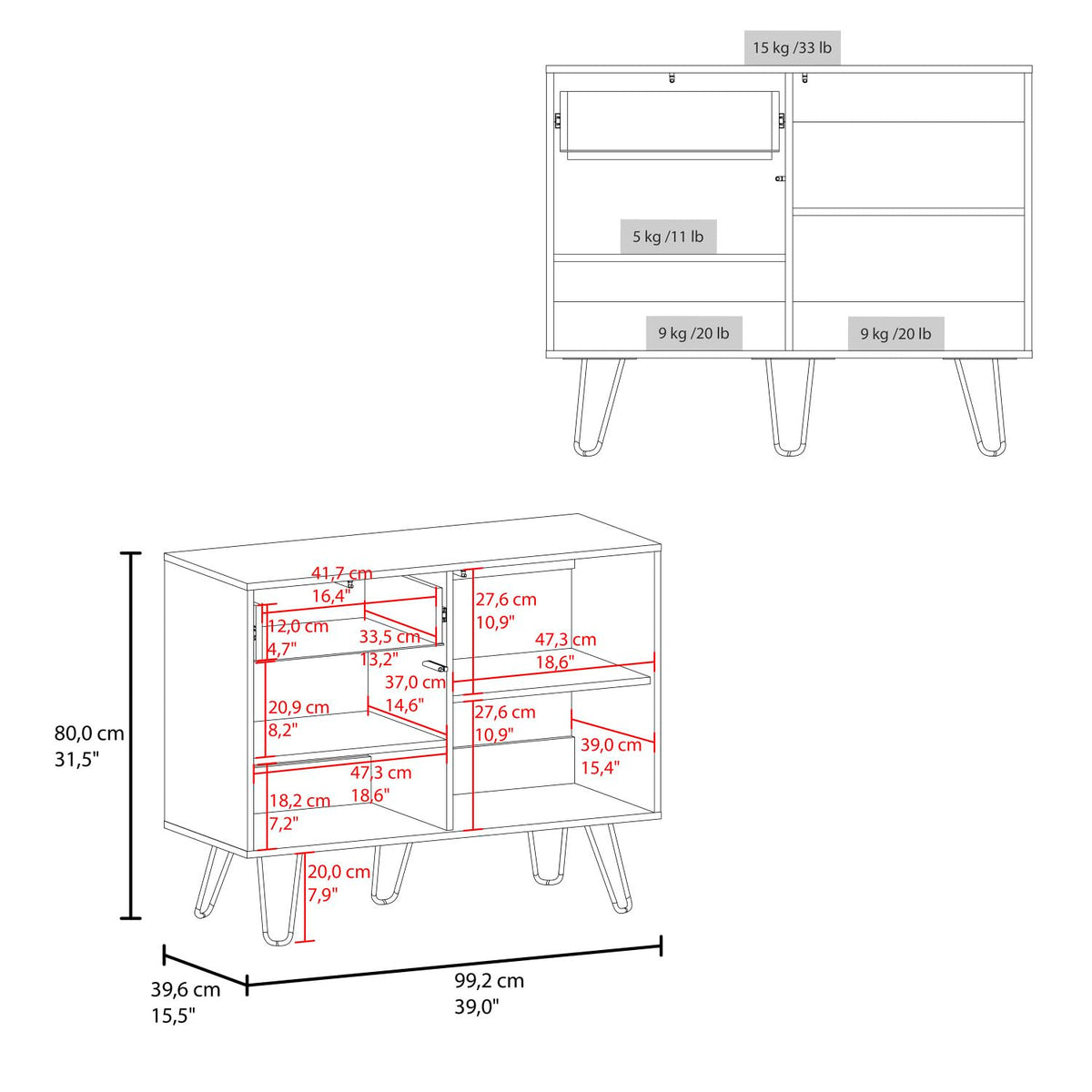 39" Wide White & Oak Console Table with 2 Cabinets, 1 Drawer, 4 Shelves R159