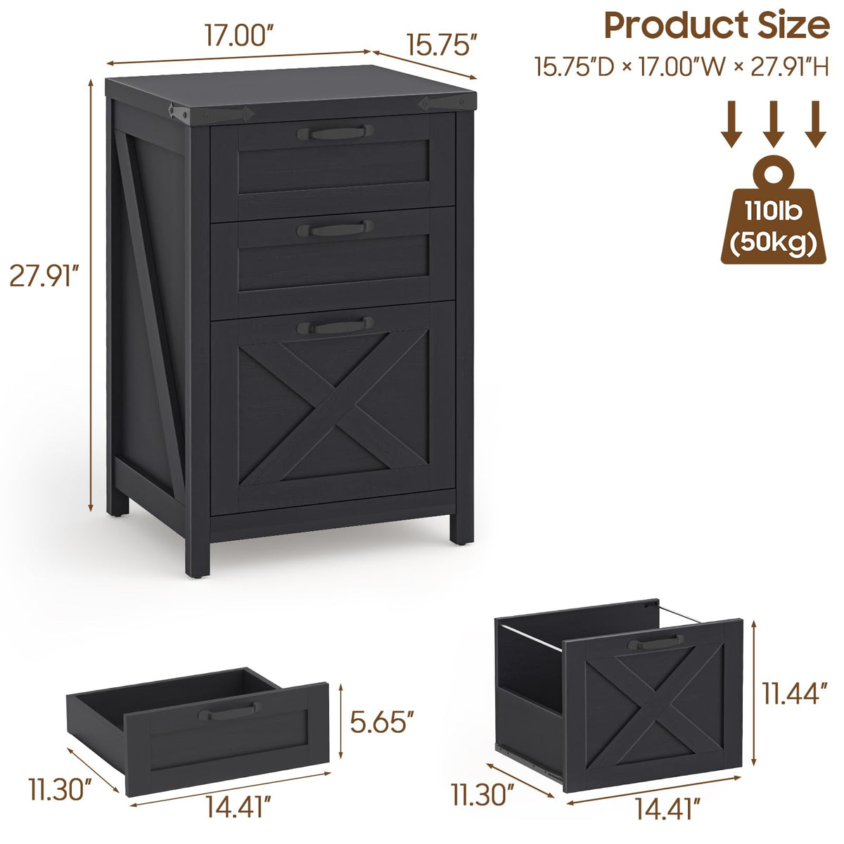 Black 3 Drawer File Cabinet H404985