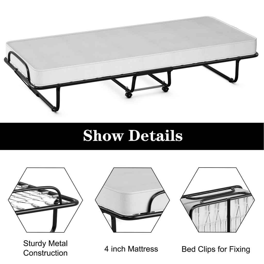 Folding Bed with Memory Foam Mattress and Metal Frame on Wheels U4820