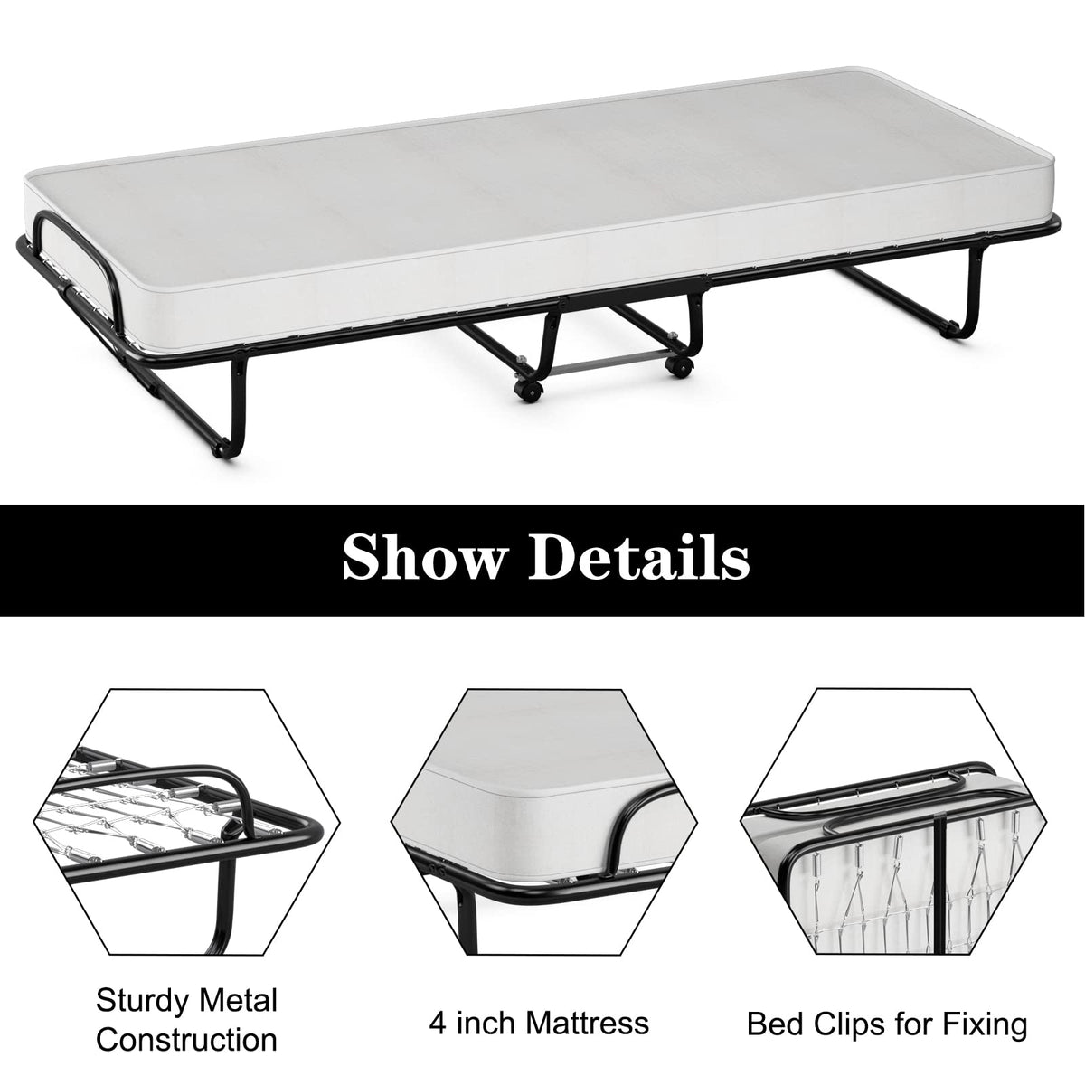 Folding Bed with Memory Foam Mattress and Metal Frame on Wheels U4820