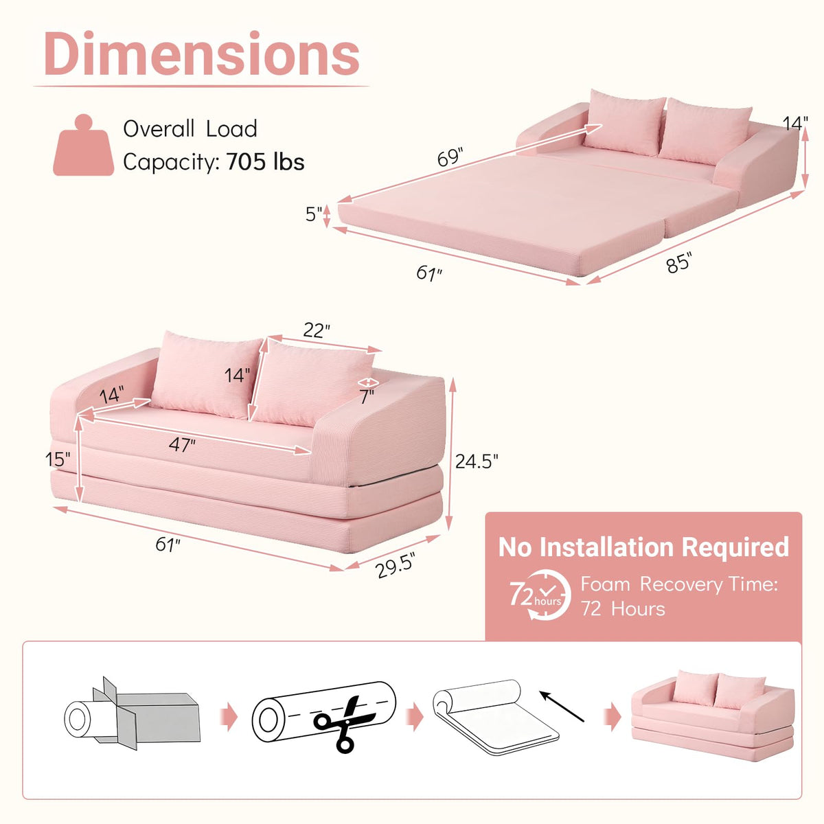 61" Pink Convertible Futon Sofa Bed R9473