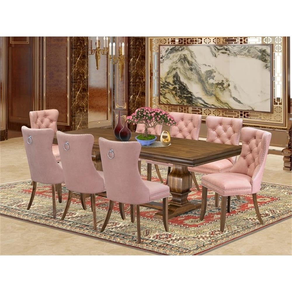 9-Piece Walnut Finish Acacia Wood Dining Set with 8 Beige Faux Leather Chairs C372
