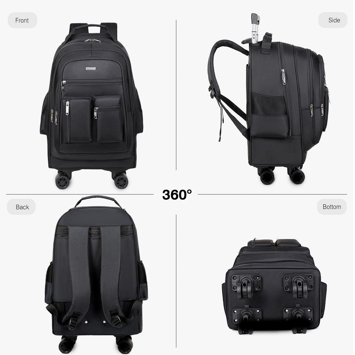 Rolling Backpack with Silent Wheels Black O948743