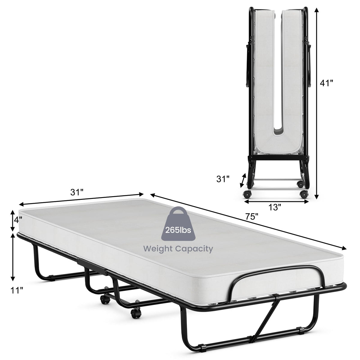 Folding Bed with Memory Foam Mattress and Metal Frame on Wheels U4820