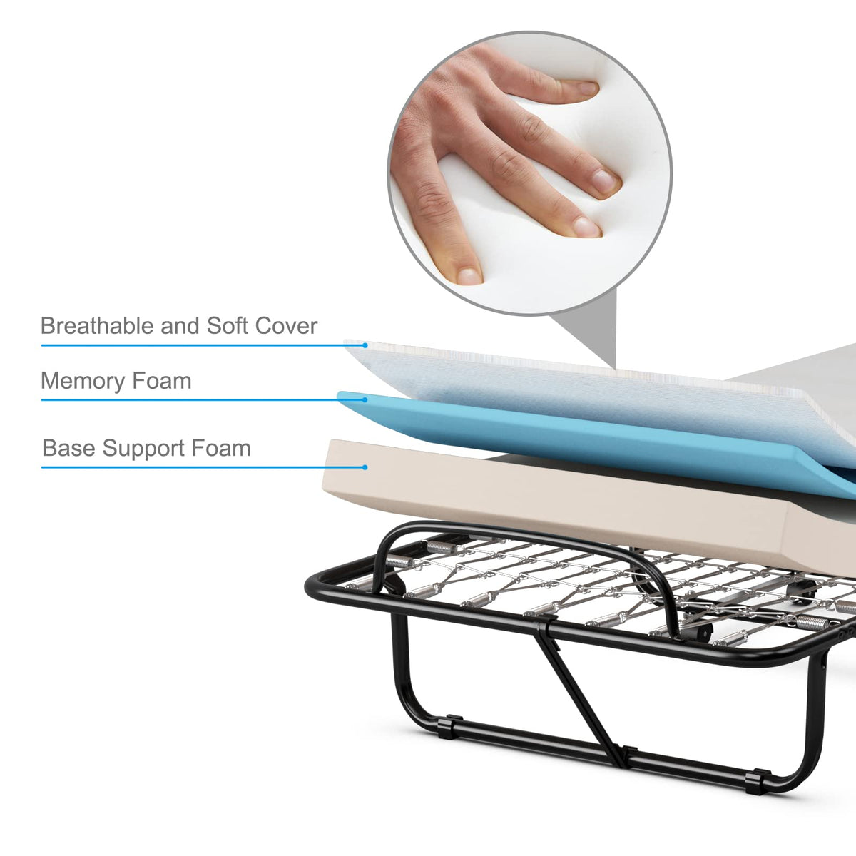 Folding Bed with Memory Foam Mattress and Metal Frame on Wheels U4820