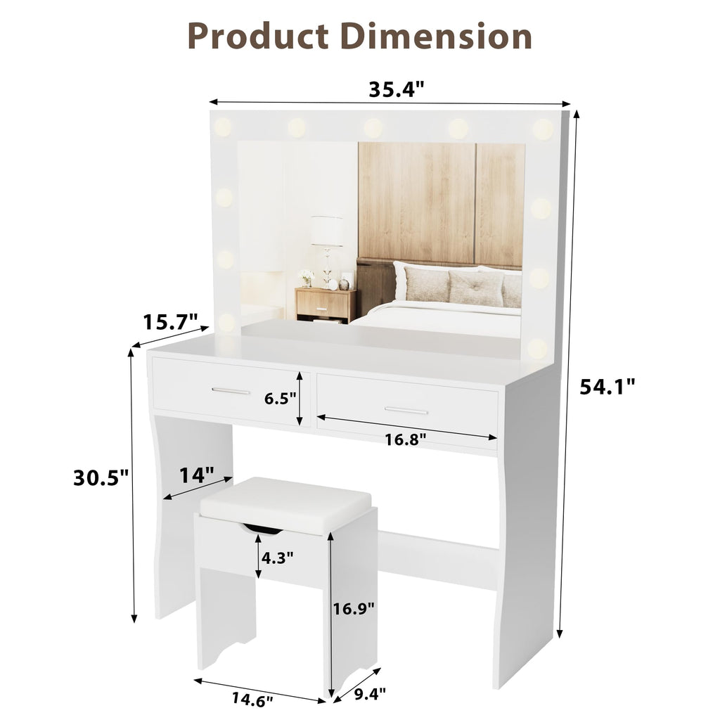 White Vanity Desk Set with Lighted Mirror and 2 Drawers T2466