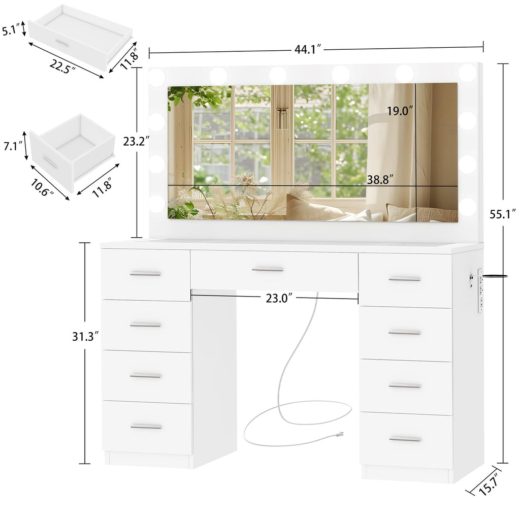 White Vanity Desk with Lighted Mirror and 9 Drawers S356
