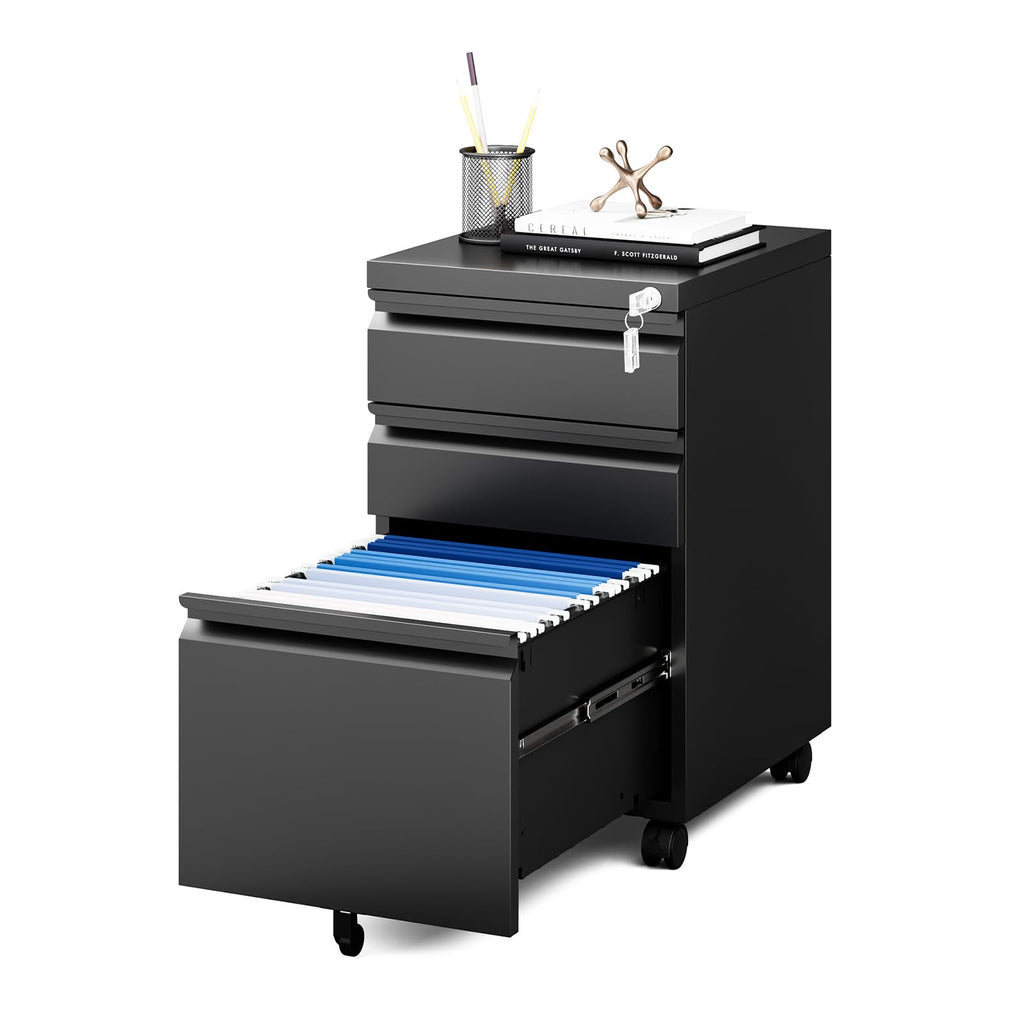 Black 3 Drawer Metal File Cabinet with Lock D933