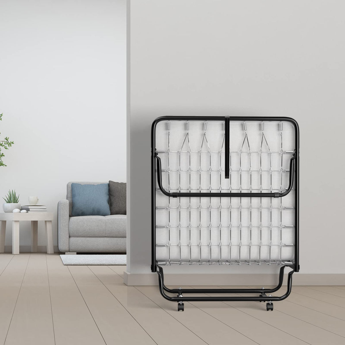 Folding Bed with Memory Foam Mattress and Metal Frame on Wheels U4820