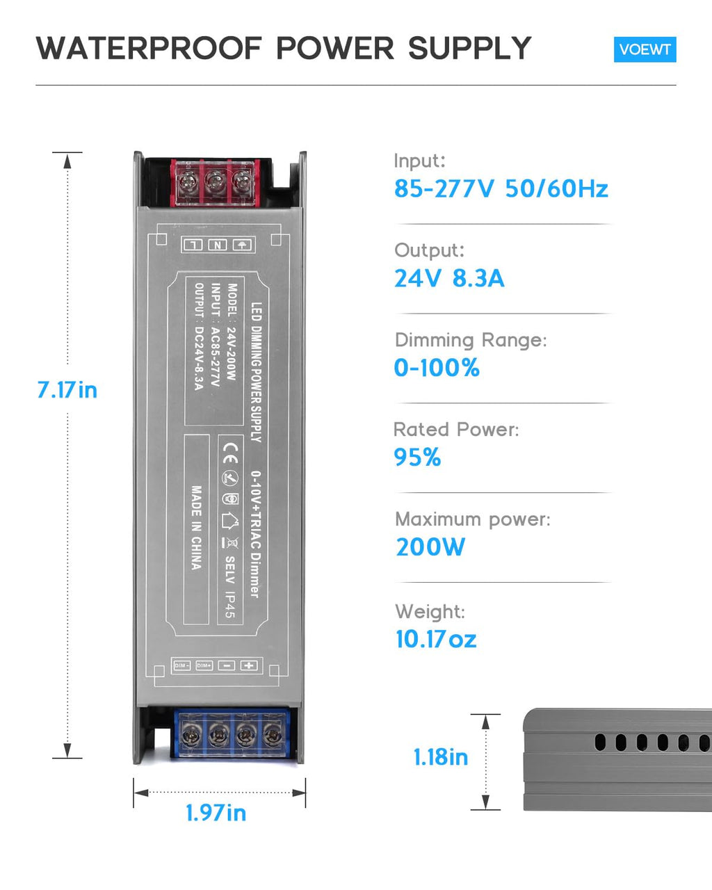 200 Watts Dimmable LED Driver 85V-277V AC to 24V DC Converter F713146