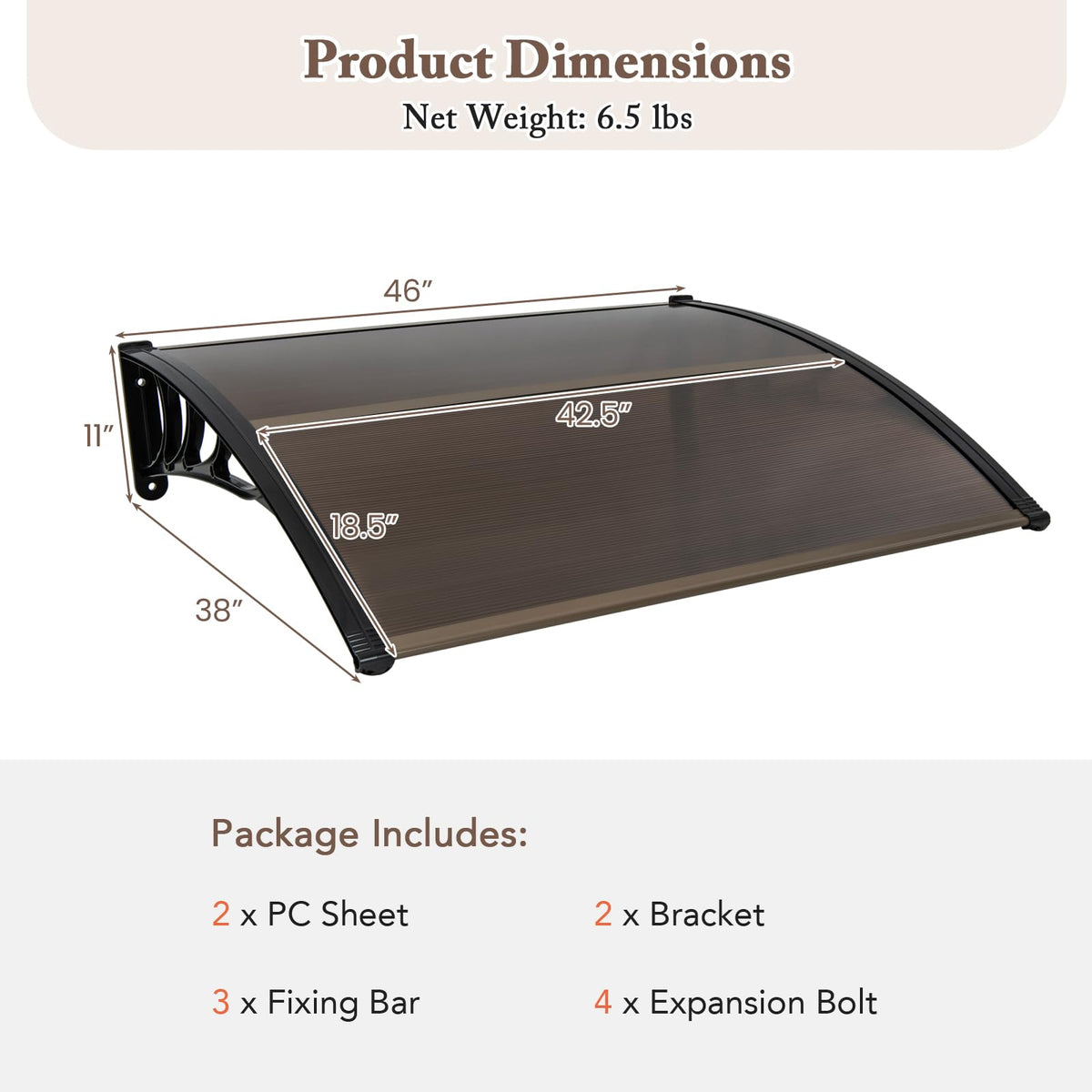 46" x 38" Polycarbonate Door Awning Canopy O3700