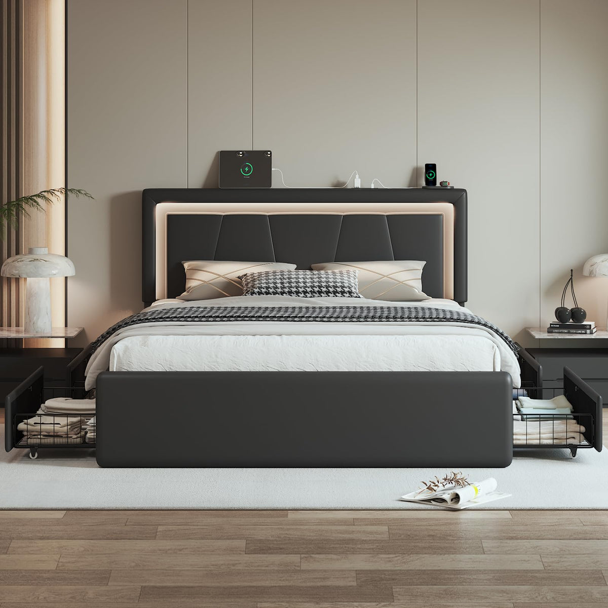 Full Size Bed Frame with Storage Drawers and Charging Station, Black P73396
