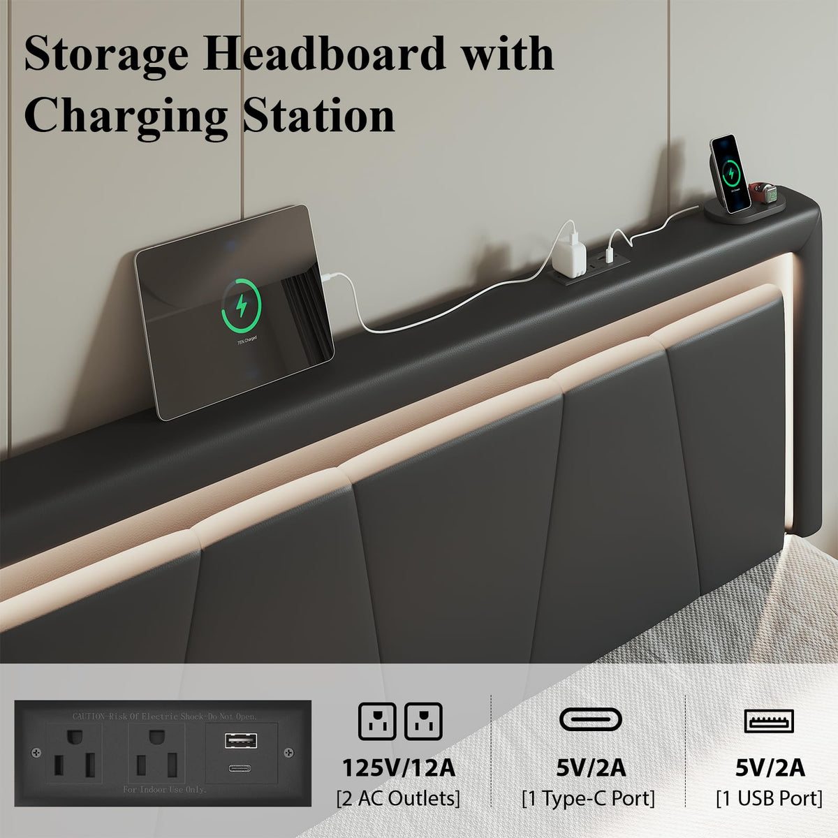 Full Size Bed Frame with Storage Drawers and Charging Station, Black P73396