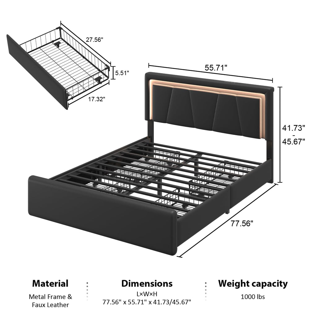 Full Size Bed Frame with Storage Drawers and Charging Station, Black P73396