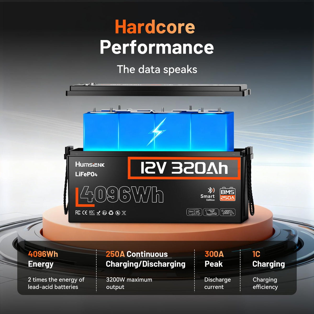 12V 320Ah LiFePO4 Lithium Battery with 250A BMS F57883