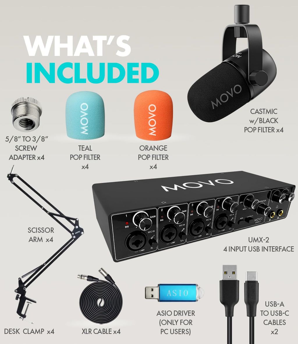 4-Person Podcast Equipment Bundle with 4-Channel USB Audio Interface and 4 Dynamic Microphones I8910