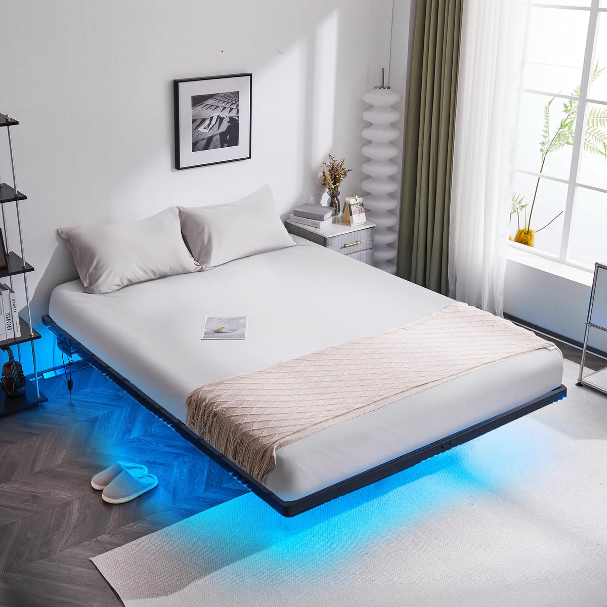 14 Inch Full Floating Bed Frame with USB Charging Station and LED Lights W644