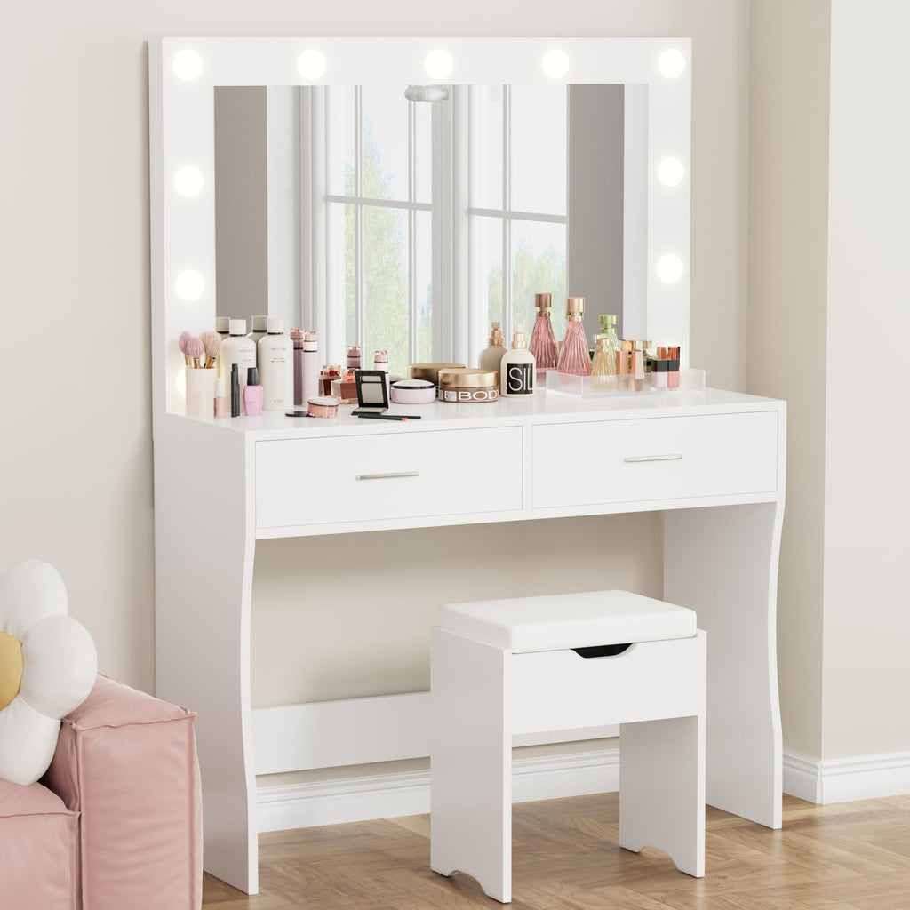 White Vanity Desk Set with Lighted Mirror and 2 Drawers T2466