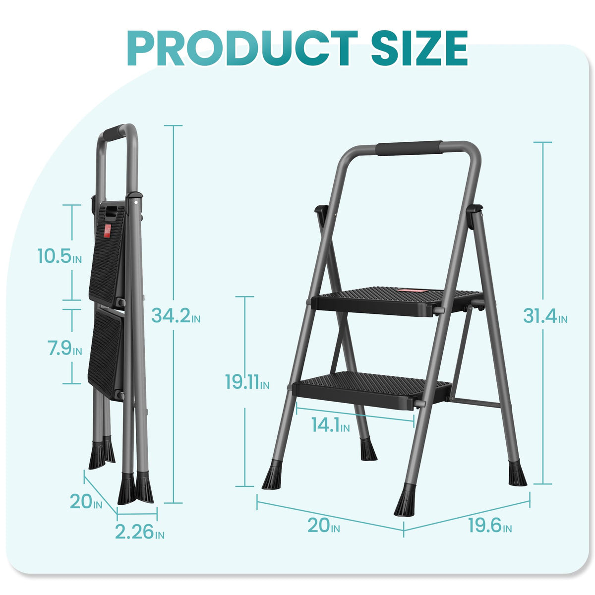 2 Step Folding Step Ladder 300 lbs Capacity with Handrail Gray X772874