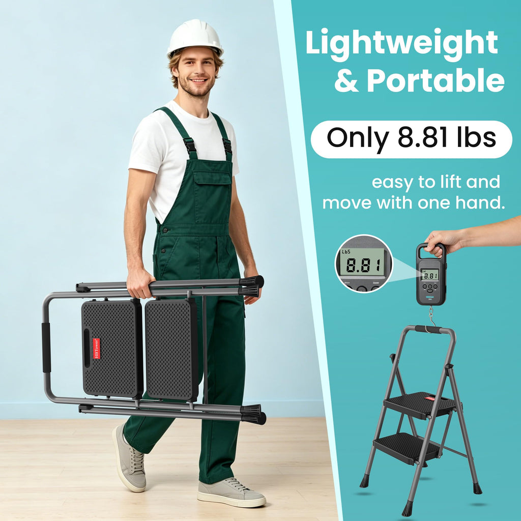 2 Step Folding Step Ladder 300 lbs Capacity with Handrail Gray X772874
