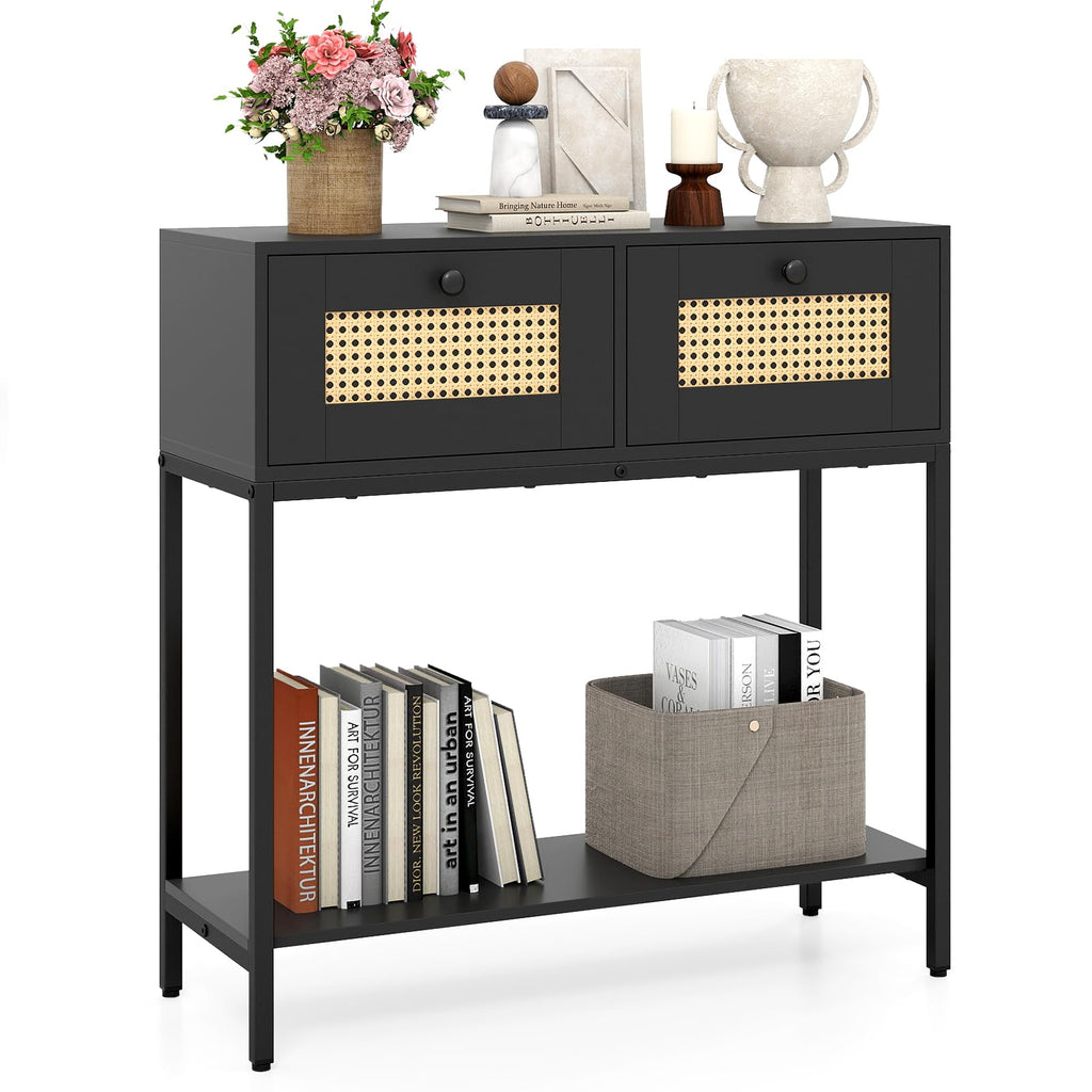 Rattan Console Table with Two Drawers and Open Storage Shelf B211