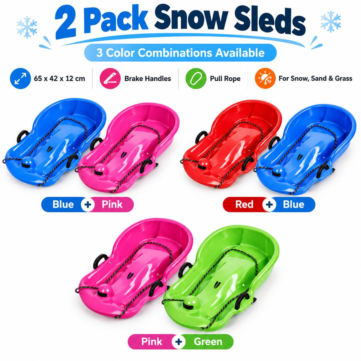2 Pack 65cm Plastic Snow Sleds with Brake Handles and Pull Rope F654372