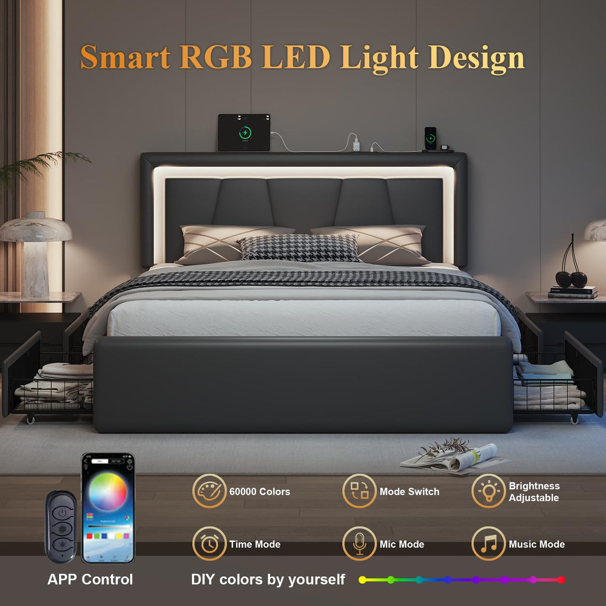 Full Size Bed Frame with Storage Drawers and Charging Station, Black P73396