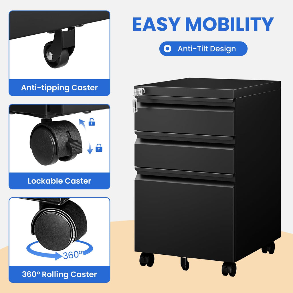 Black 3 Drawer Metal File Cabinet with Lock D933