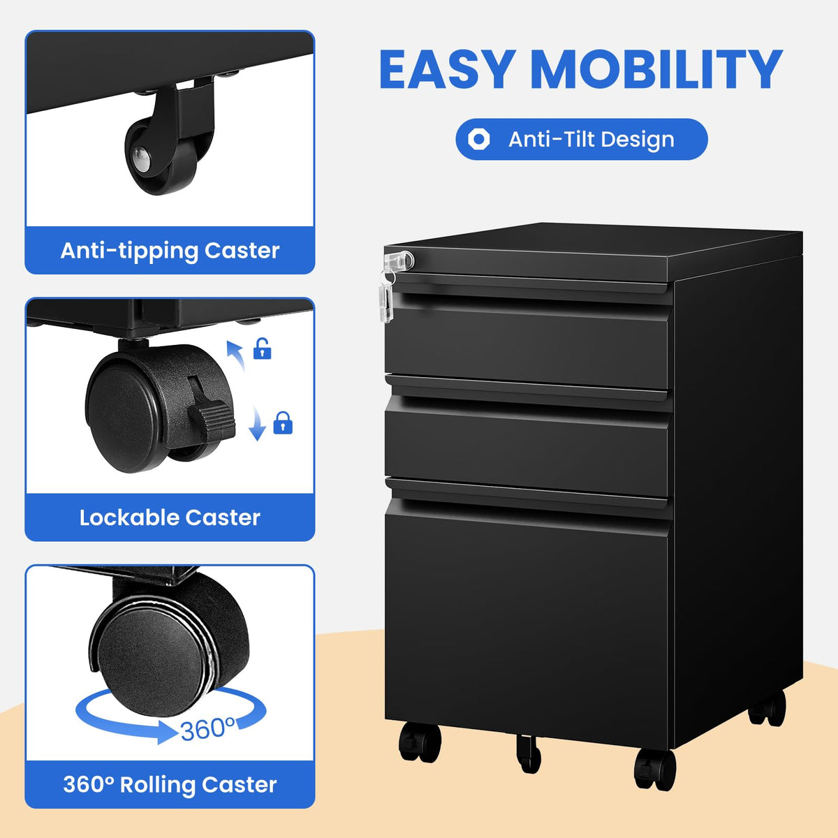 Black 3 Drawer Metal File Cabinet with Lock D933