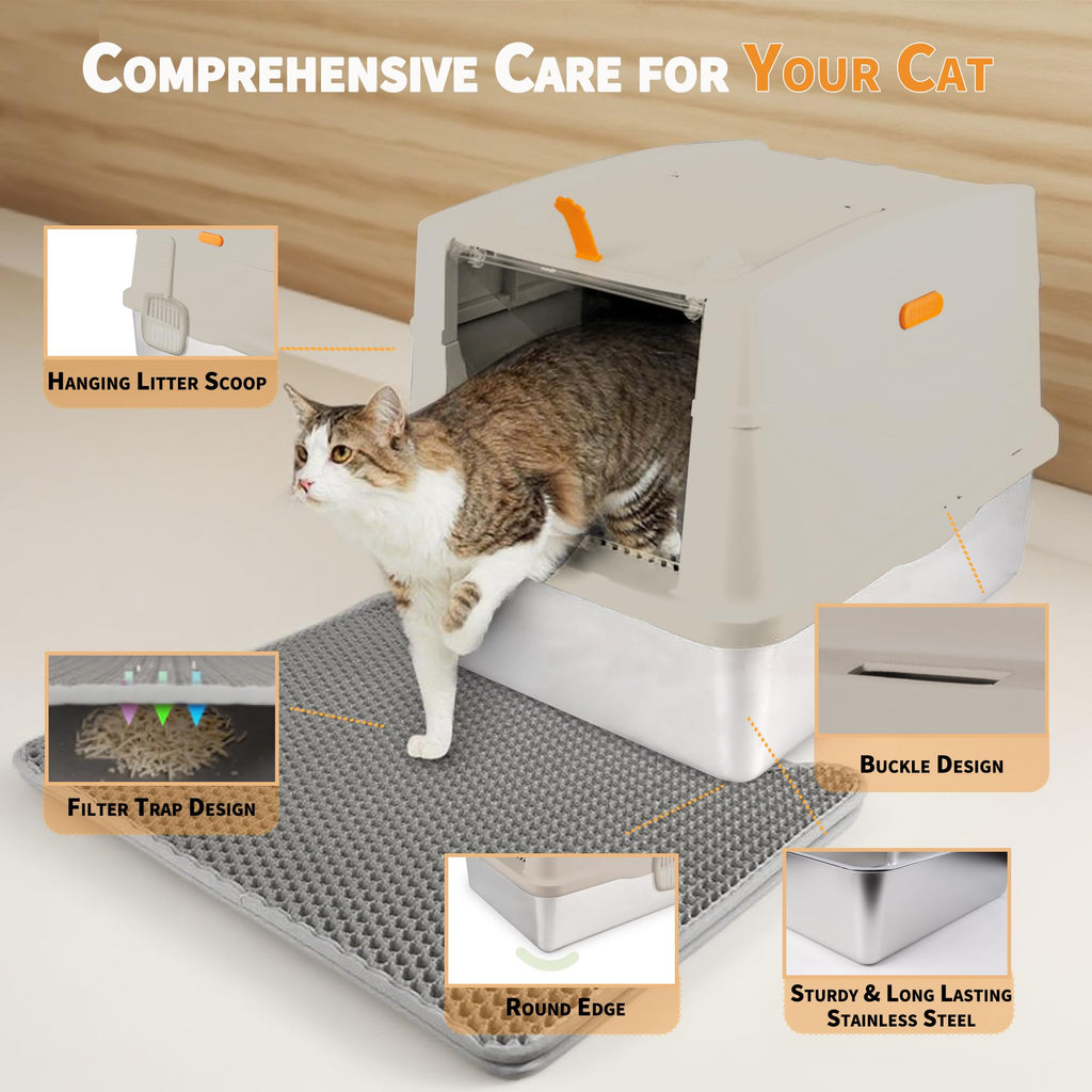 Large Stainless Steel Enclosed Cat Litter Box with Lid and Scoop G6065