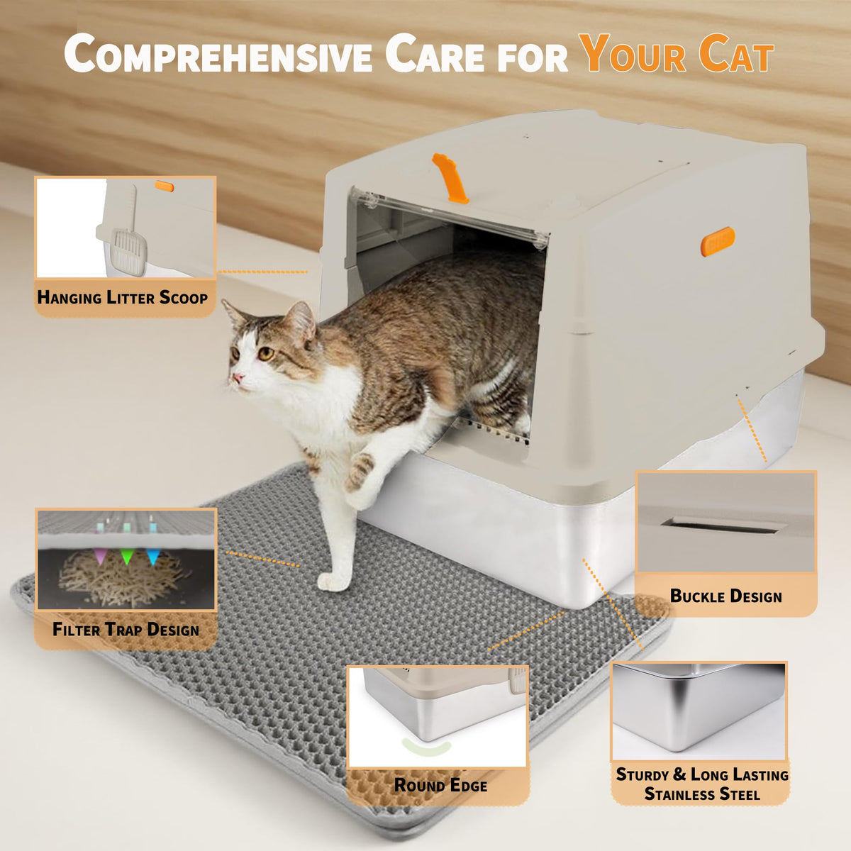 Large Stainless Steel Enclosed Cat Litter Box with Lid and Scoop G6065