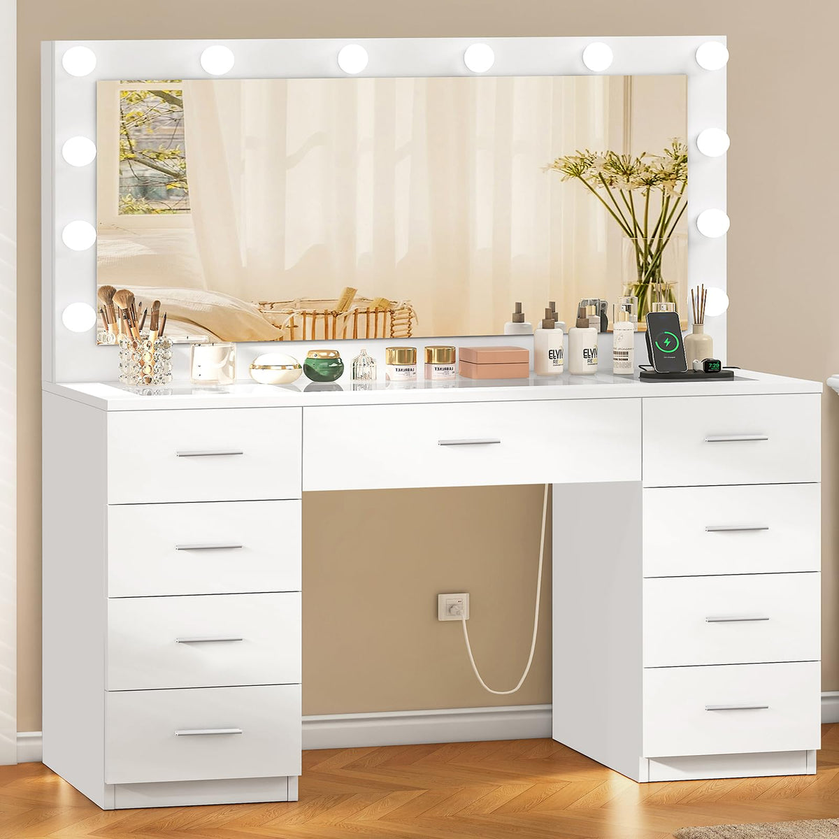 White Vanity Desk with Lighted Mirror and 9 Drawers S356