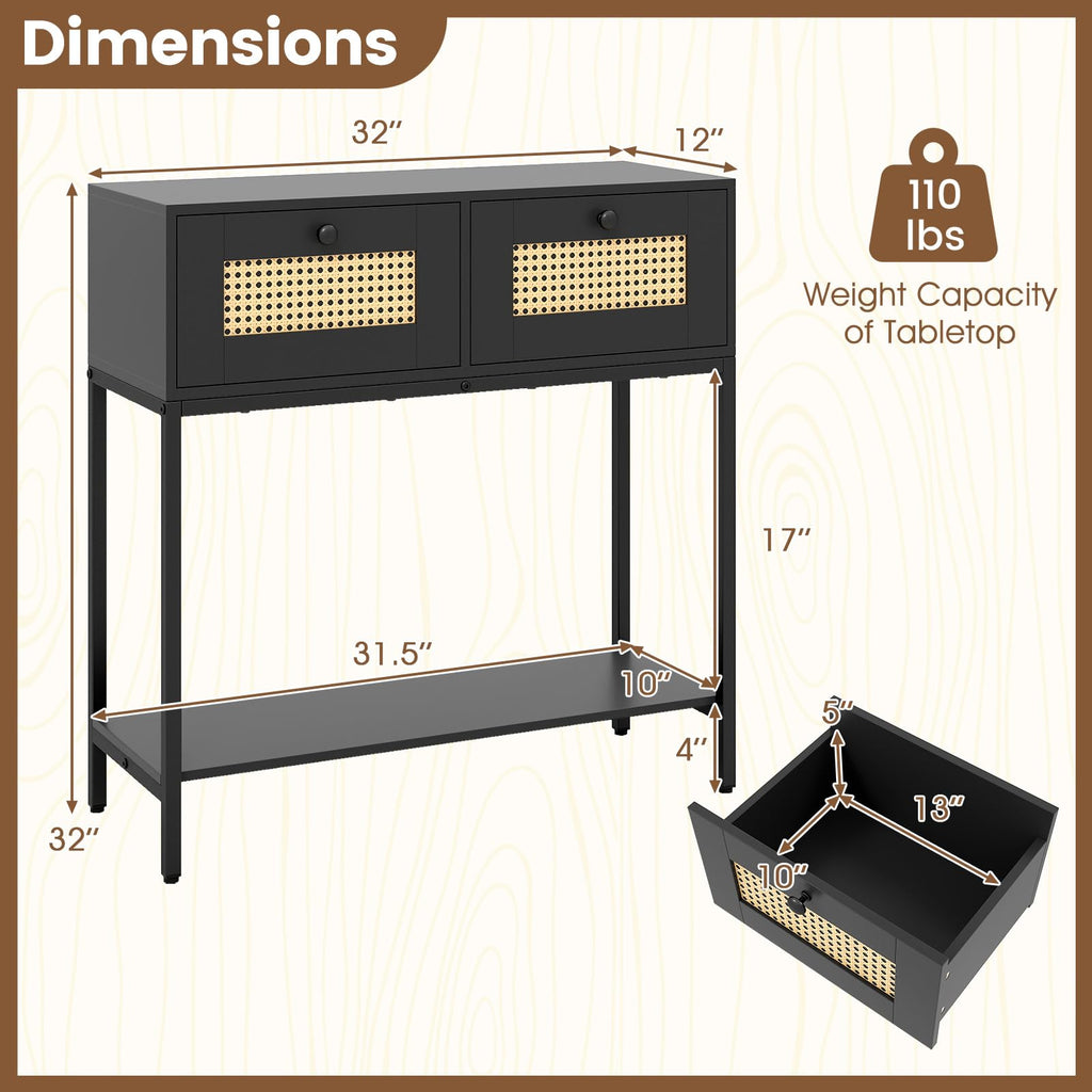 Rattan Console Table with Two Drawers and Open Storage Shelf B211
