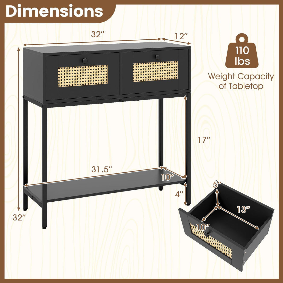 Rattan Console Table with Two Drawers and Open Storage Shelf B211
