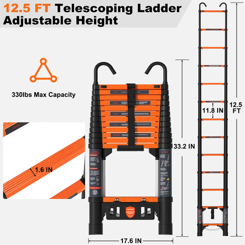 12.5 FT Aluminum Telescopic Ladder 330lbs G59590