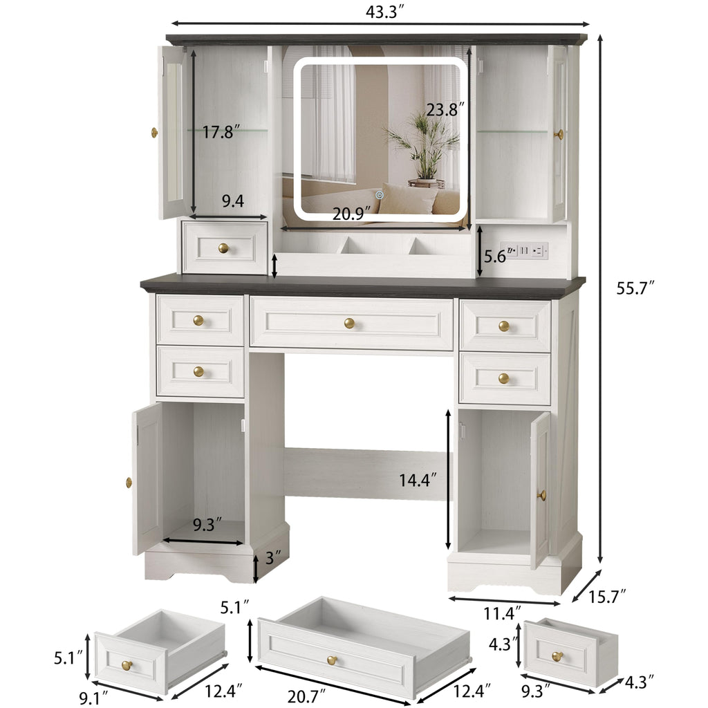 White Makeup Vanity Desk with Mirror and LED Lights G816