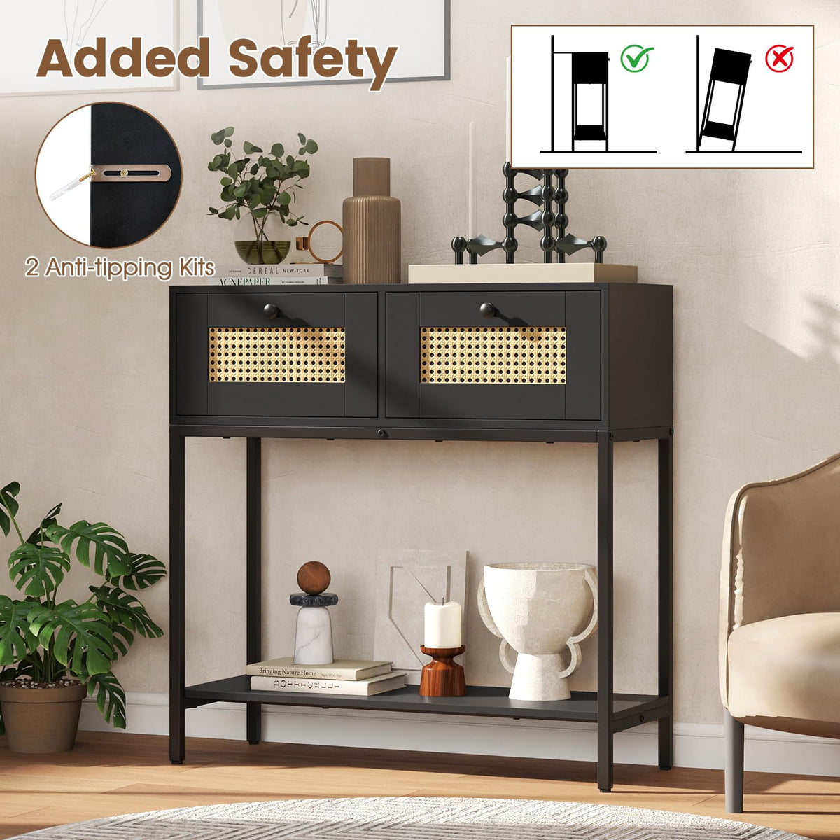 Rattan Console Table with Two Drawers and Open Storage Shelf B211