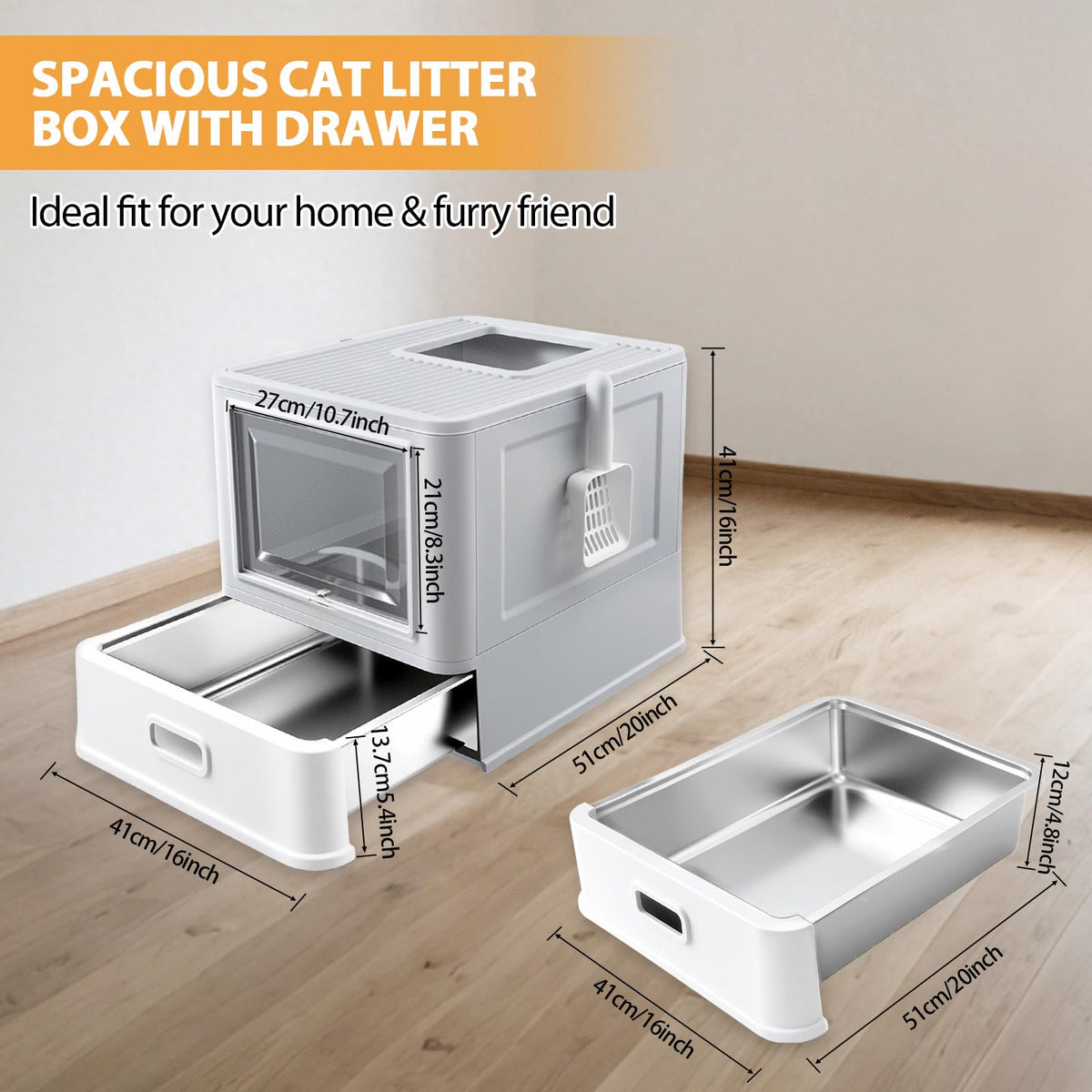 XL Stainless Steel Cat Litter Box with Drawer S251