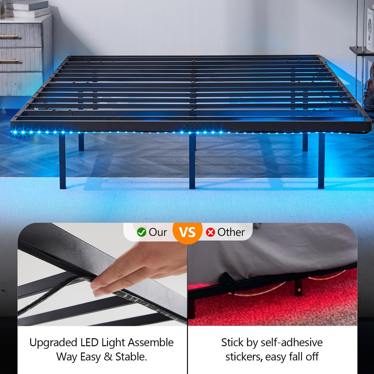14 Inch Full Floating Bed Frame with USB Charging Station and LED Lights W644