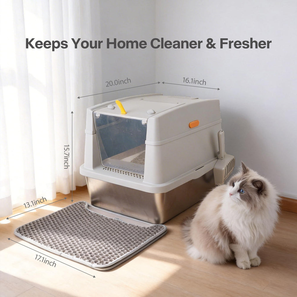 Large Stainless Steel Enclosed Cat Litter Box with Lid and Scoop G6065