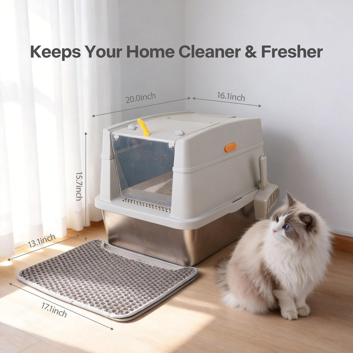 Large Stainless Steel Enclosed Cat Litter Box with Lid and Scoop G6065