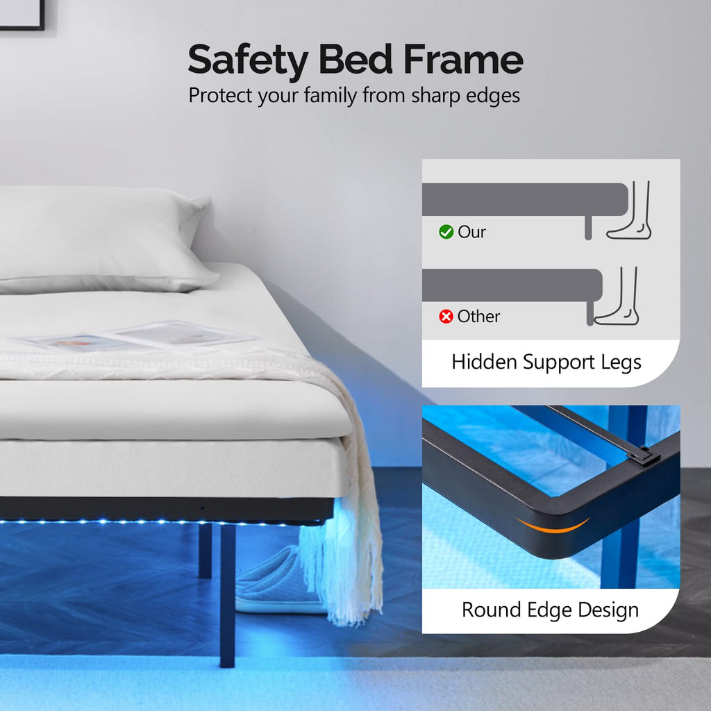 14 Inch Full Floating Bed Frame with USB Charging Station and LED Lights W644