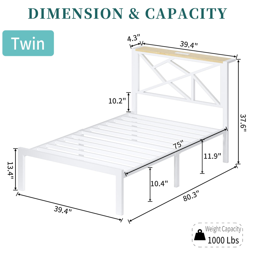White Twin Metal Bed Frame with USB Charging Station Q912050