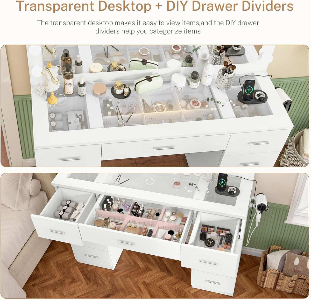 White Vanity Desk with Lighted Mirror and 9 Drawers S356